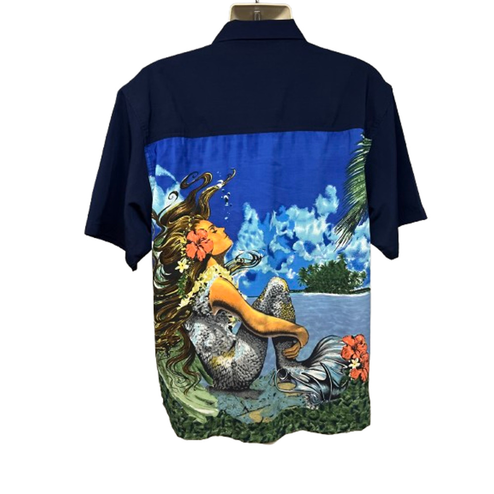 Mens Vintage Blue Giant Graphic Mermaid Island Girl Button Up Camp Shirt Large
